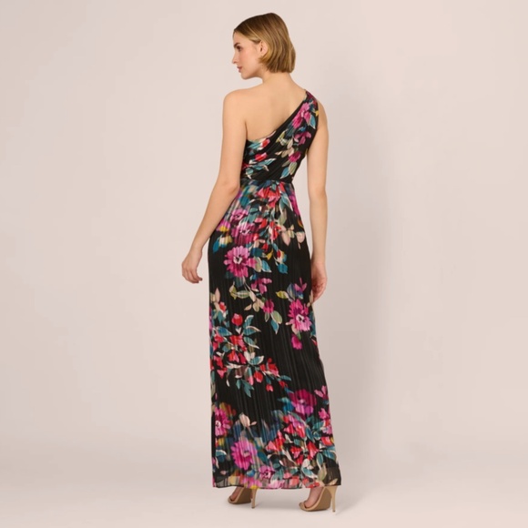 Adrianna Papell One Shoulder Metallic Floral Stripe Gown - Picture 4 of 7